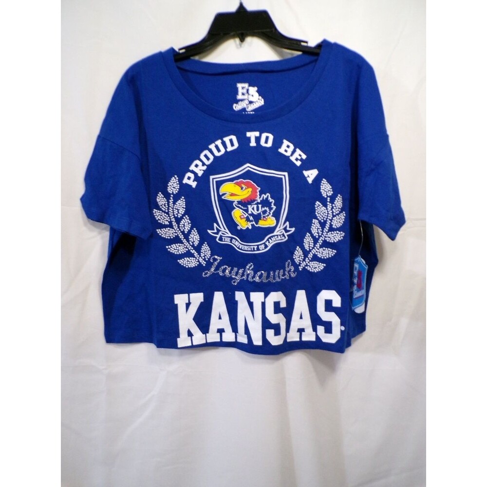 E5 College Classics Women's Cropped T-Shirt Kansas Jayhawks Large Blue